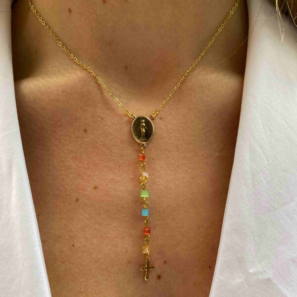Collar escapulario con cadena cristales de colores - Imagen 2
