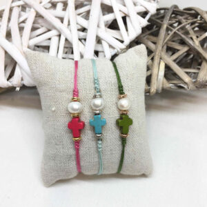 Pulsera cruz piedra con perla de rio