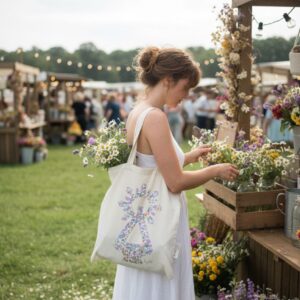 Tote bag con estampación Virgen en flores liberty