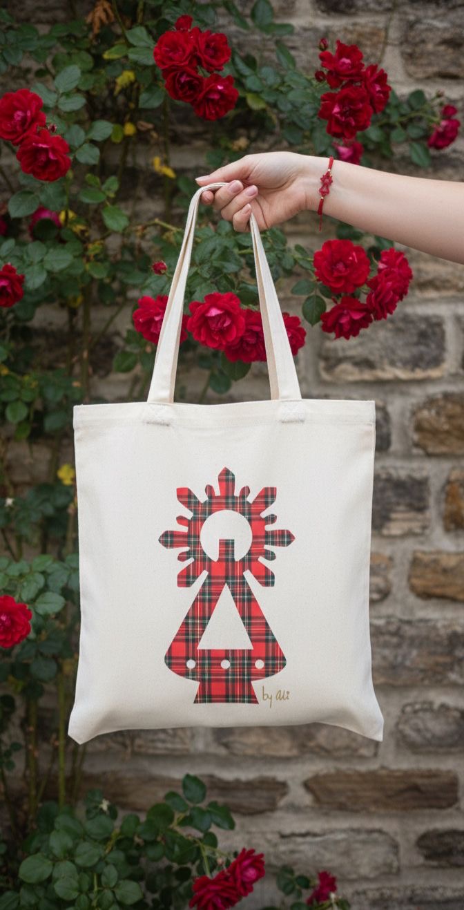 TOTE BAG 25 X 30 VIRGEN CUADROS TARTAN ESCOCES -Bisutería artesanal la Tienda de Ali Tote Bag con estampación virgen en cuadros tartan. - Imagen 5