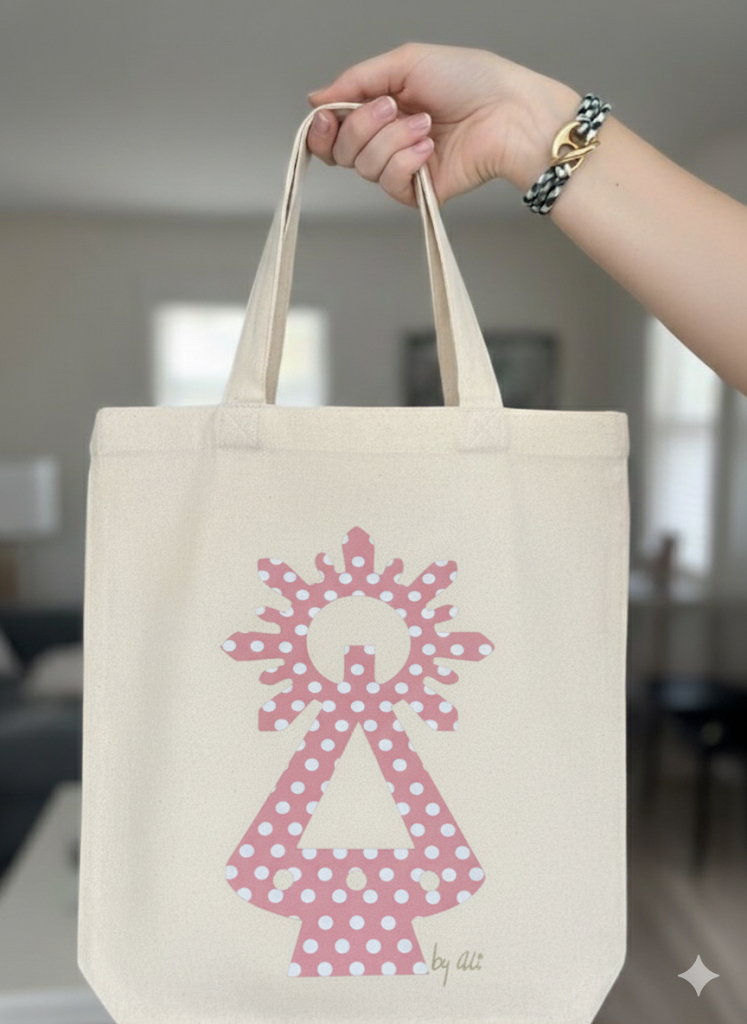 TOTE BAG 25 X 30 VIRGEN LUNARES -Bisutería artesanal la Tienda de Ali Tote bag con estampación virgen en lunares.