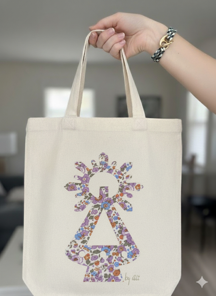 TOTE BAG 25X30 VIRGEN FLORES LIBERTY -Bisutería artesanal la Tienda de Ali Tote bag algodón con estampación virgen en flores liberty