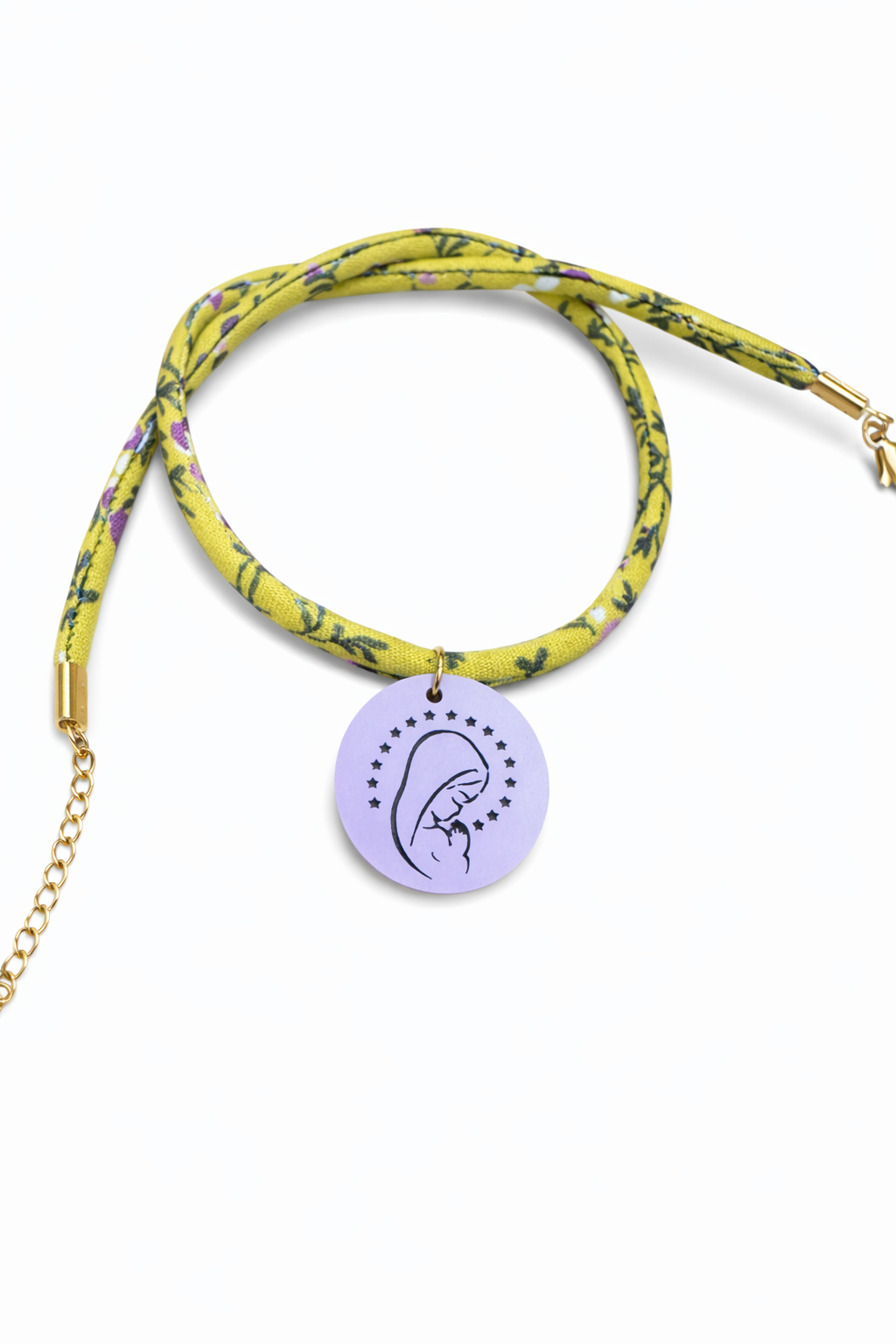 COLLAR VIRGEN NINA FLORES VERDE Y MORADO CHAPA LILA -Bisutería artesanal la Tienda de Ali Collar cordon flores con chapa Virgen Niña - Imagen 9