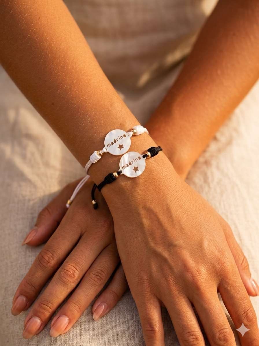 PULSERA CHAPA MADRINA TONOS BLANCO Y NEGRO -Bisutería artesanal la Tienda de Ali Pulsera Madrina Personalizada. - Imagen 5