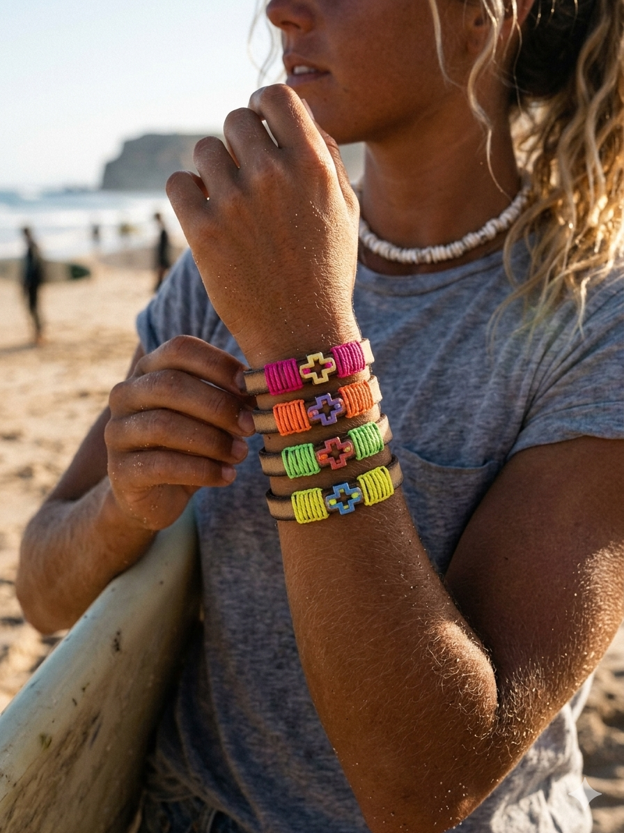PULSERA CINTA PLANA CUERO CON CRUZ METACRILATO CON HILO 1 -Bisutería artesanal la Tienda de Ali Pulsera cinta cuero cruz metacrilato - Imagen 2