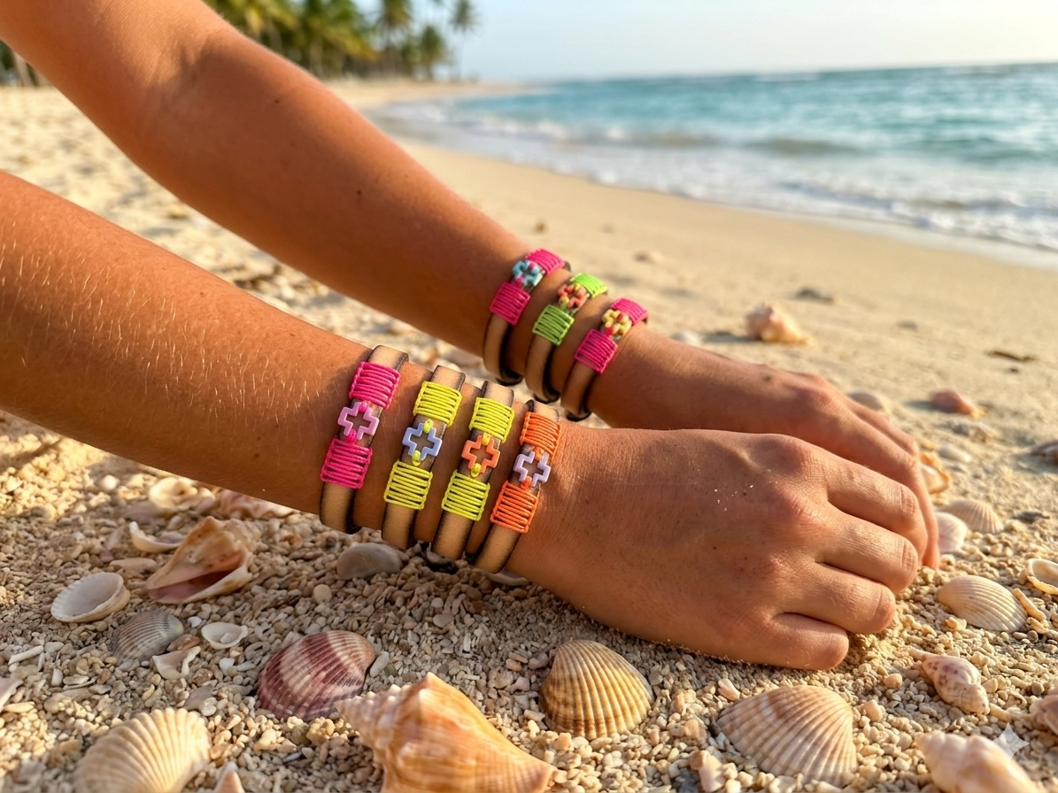 PULSERA CINTA PLANA CUERO CON CRUZ METACRILATO CON HILO 2 -Bisutería artesanal la Tienda de Ali Pulsera cinta cuero cruz metacrilato