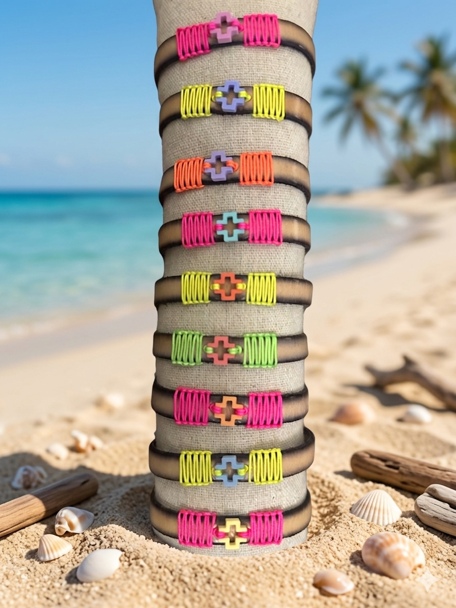 PULSERA CINTA PLANA CUERO CON CRUZ METACRILATO CON HILO 4 -Bisutería artesanal la Tienda de Ali Pulsera cinta cuero cruz metacrilato - Imagen 3