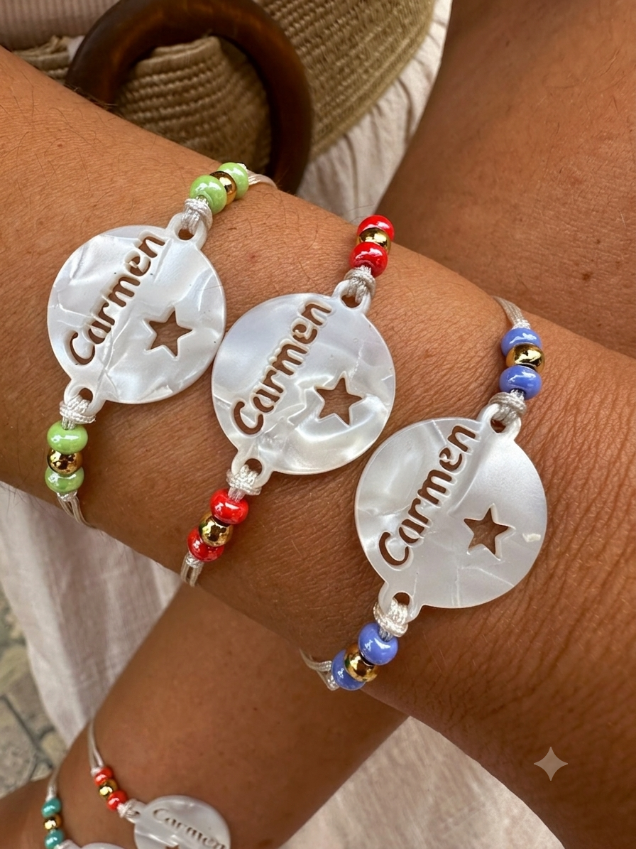 PULSERAS CHAPA NOMBRE ACETATO NACAR BLANCO 1 -Bisutería artesanal la Tienda de Ali Pulsera chapa acetato nacar Carmen